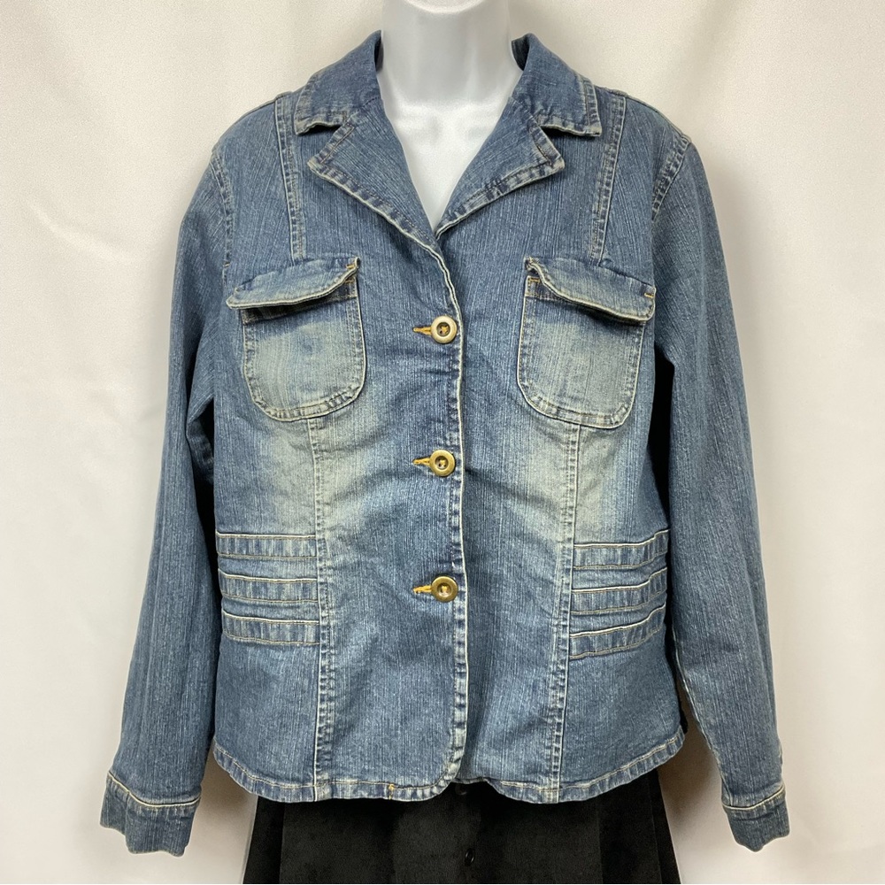 Coldwater Creek Womens L medium blue button front stretchy denim jacket